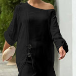 2 Pieces Outfit Button Decor One Shoulder Turn-Up Sleeves Slit Raw Edges Top and Casual Drawstring Elastic Waist Wide Leg Pants Set
