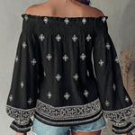 Vintage Tribal Placement Print Shirred Off Shoulder Flared Cuffs Blouse Casual Frill Trim Boho Top