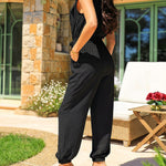 Notched Collar Sleeveless Button Front Stretchy Drawstring Waist Overalls Casual Flap Pockets Design Cuffed Jumpsuit