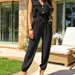 Notched Collar Sleeveless Button Front Stretchy Drawstring Waist Overalls Casual Flap Pockets Design Cuffed Jumpsuit