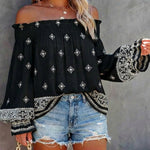 Vintage Tribal Placement Print Shirred Off Shoulder Flared Cuffs Blouse Casual Frill Trim Boho Top