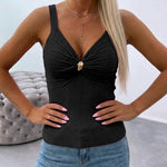 Metal Decor Deep V-Neck Sleeveless Twist Front Top Slim Fit Backless Knit Cami Top