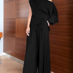 2 Pieces Outfit Skew Neck Asymmetrical Lantern Sleeve Side Slit Top and Casual Button & Zipper Side Pleated Wide Leg Pants Set