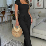 2 Pieces Outfit U-Neck Short Sleeve Slim Fit Ribbed Bodysuit and Drawstring Elastic Waist Seam Front Pants Casual Versatile Set