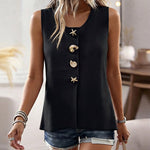 Women's Knit Tank Top Starfish Shell Gold Button Sleeveless Vest Beach Vacation Casual Top