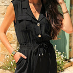 Notched Collar Sleeveless Button Front Stretchy Drawstring Waist Overalls Casual Flap Pockets Design Cuffed Jumpsuit