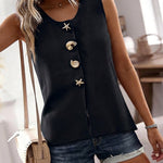 Women's Knit Tank Top Starfish Shell Gold Button Sleeveless Vest Beach Vacation Casual Top