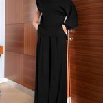 2 Pieces Outfit Skew Neck Asymmetrical Lantern Sleeve Side Slit Top and Casual Button & Zipper Side Pleated Wide Leg Pants Set