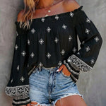 Vintage Tribal Placement Print Shirred Off Shoulder Flared Cuffs Blouse Casual Frill Trim Boho Top