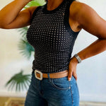 Rhinestone Decor O-neck Sleeveless Tee Slim Fit Ribbed Tank Top