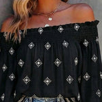 Vintage Tribal Placement Print Shirred Off Shoulder Flared Cuffs Blouse Casual Frill Trim Boho Top