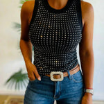 Rhinestone Decor O-neck Sleeveless Tee Slim Fit Ribbed Tank Top