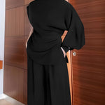 2 Pieces Outfit Skew Neck Asymmetrical Lantern Sleeve Side Slit Top and Casual Button & Zipper Side Pleated Wide Leg Pants Set