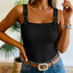 Women's Ribbed Knit Tank Top Square Neck Slim Fit Cami Top Adjustable Eyelet Strap Backless Top