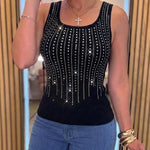 Rhinestone Decor U-Neck Sleeveless Tee Slim Fit Backless Ribbed Tank Top