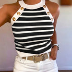 Women's Striped Halter Knit Tank Top Sleeveless Rib-Knit Camisole Gold Button Detail Slim Fit Summer Top