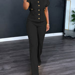 Women's 2 Piece Outfits Short Sleeve Button Down Top and Straight Leg Pants Set Casual Commuter Suits