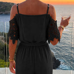 Women's Cold Shoulder Jumpsuit Gold Chain Lace Patchwork Overalls Tapered Leg Jumpsuits with Pockets & Belt