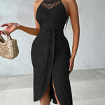 Adjustable Halter Hollow-out Back Ruched Front Slit Dress Guipure Lace Yoke Eyelet Embroidery Vacation Dress