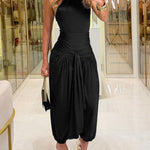 Women's Gold Decor Halter Tie Jumpsuit Sexy Backless Ruched Lantern Overalls Casual Vacation Jumpsuit