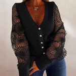 Women's Mesh Long Sleeve Cardigan Embroidered V Neck Knit Sweater Rhinestone Button Ribbed Slim Fit Casual Coat