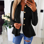 Women's Argyle Cable Knit Jacket Elegant Lapel Collar Gold Button Down Cardigan Ruffle Hem Long Sleeve Coat
