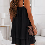 Women's Pearls Embellished Straps Mini Dress Backless Pleated Dress Casual Double Layer Lettuce Trim Cami Sun Dress