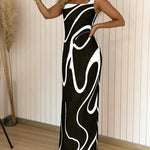 Abstract Print Square Neck Thick Strap Maxi Dress Elegant Side Slit Vacation Dress