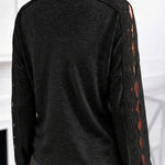 Women's Lace Patchwork V-Neck Top Hollow Out Drop Shoulder Long Sleeve Knit Pullover Elegant Loose Fit Casual Tee