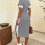 Women's Striped Colorblock Midi T-Shirt Dress Casual Crew Neck Waist-Cinching Slit Dress with Pockets