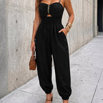 Women's Chain Strap Jumpsuit Hollow Out Shirred Waist Overalls Casual Jogger Jumpsuit with Pockets