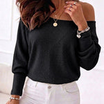 Women's Convertible Shoulder Batwing Sleeve Top Long Sleeve Loose Fit Casual Knit Tee