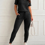 Women's 2-Piece Sporty Set Short Sleeve Half Zip Top and High Waisted Joggers Casual Lounge Outfit with Pockets