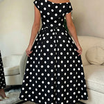 Women's Skew Neck Polka Dot Maxi Dress Ruched A-Line Swing Dress Elegant Party Cocktail Dress with Pockets