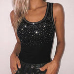 Rhinestone Decor U-Neck Sleeveless Slim Fit Ribbed Tank Top