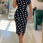 Polka Dot Print Skew Neck Ruched Mid-length Dress Elegant Wrapped Slit Dress