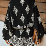 Women's Vintage Print Two-Piece Set Off-Shoulder Batwing Sleeve Top and High-Waisted Shorts Casual Vacation Set