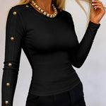 Women's Gold Studded Long Sleeve Rib-Knit T-Shirt Slim Fit Round Neck Top