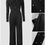 Pearls Decor Skew Neck Long Sleeve Cinched Waist Overalls Casual Ruched Zipper Back Wide Leg Jumpsuit