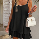 Women's Pearls Embellished Straps Mini Dress Backless Pleated Dress Casual Double Layer Lettuce Trim Cami Sun Dress