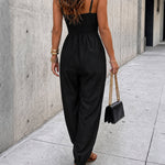 Women's Chain Strap Jumpsuit Hollow Out Shirred Waist Overalls Casual Jogger Jumpsuit with Pockets
