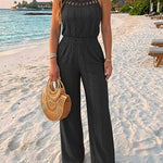 CHICME Women's Halter Tie Knit Jacquard Jumpsuit Hollow-Out Criss-Cross Front Shirred Wide-Leg Overalls