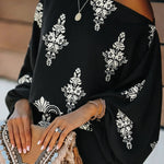 Women's Vintage Print Two-Piece Set Off-Shoulder Batwing Sleeve Top and High-Waisted Shorts Casual Vacation Set