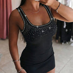 Women's Rhinestone Square Neck Mini Bodycon Dress Sleeveless Rib-Knit Tank Dress Sexy Party Club Dress