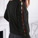 Women's Lace Patchwork V-Neck Top Hollow Out Drop Shoulder Long Sleeve Knit Pullover Elegant Loose Fit Casual Tee