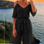 Women's Cold Shoulder Jumpsuit Gold Chain Lace Patchwork Overalls Tapered Leg Jumpsuits with Pockets & Belt