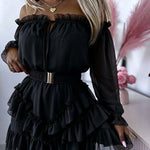 Women's Off Shoulder Frill Trim Mini A Line Dress Flowy Chiffon Ruffle Hem Party Dress with Belt & Built-In Shorts