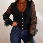 Women's Mesh Long Sleeve Cardigan Embroidered V Neck Knit Sweater Rhinestone Button Ribbed Slim Fit Casual Coat
