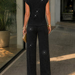 Women's Rhinestone Textured 2 Piece Outfits Mock Neck Cap Sleeve Ruched Top and Wide Leg Pants Set Casual Work Suit