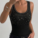 Rhinestone Decor U-Neck Sleeveless Slim Fit Ribbed Tank Top